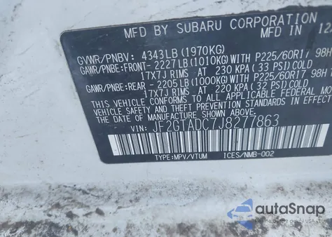 2018 Subaru Crosstrek 2.0I Premium из США, поврежденный, VIN JF2GTADC7J8277863